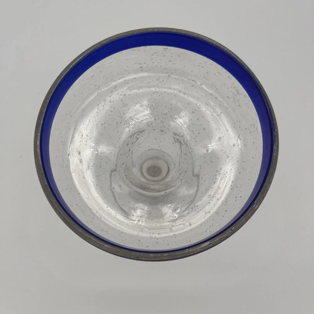 Hand Blown Mexican Margarita Glass Cobalt Blue Rim Seeded Glass Barware